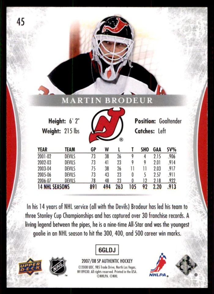 2007-08 SP Authentic Martin Brodeur New Jersey Devils #45 - Image 2 of 2