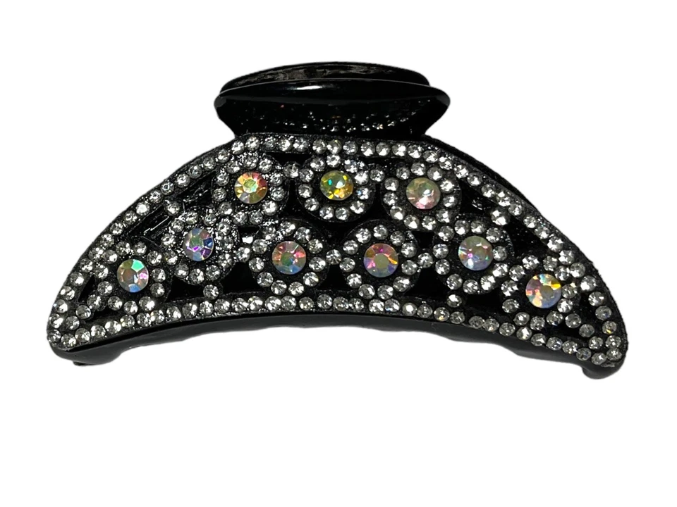 Claw Hair Clip - Black With Multi-color Rhinestones On Both Sides 3-1/2”
