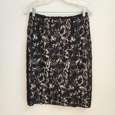 David Meister Skirt Women's 8 Black Crochet Beige Lining Pencil Zip Knee Length