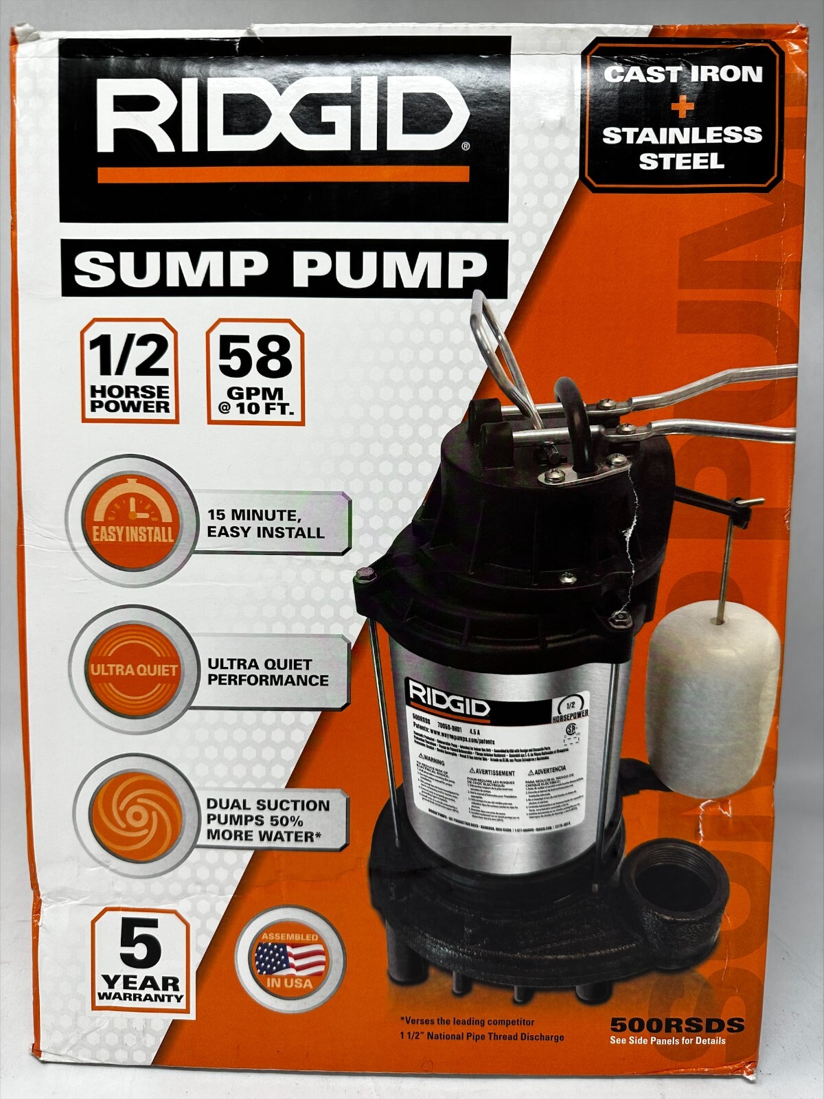 RIDGID 500RS Cast Iron Water Submersible Sump Pump Black/Gray for