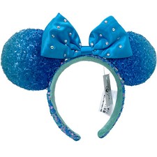 Disney'Parks Blue Diamond Ears Minnie Mouse Aqua Sequin Headband US
