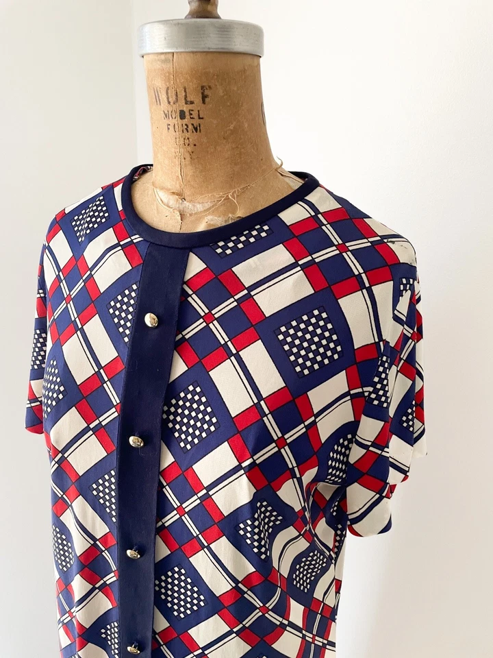 Vintage ‘60s 1970’s Soft Tricot Nylon Dress Red White & Blue Graphic Print S - Image 4 of 4