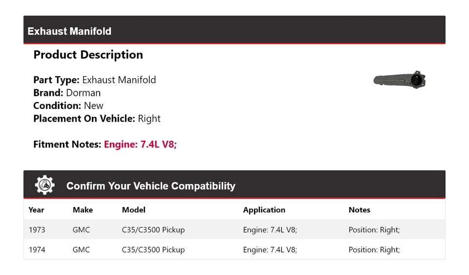 Colector de escape derecho para camioneta GMC C35/C3500 1973-1974 V8 V8 Dorman Foto 2 de 4