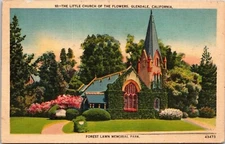 Little Church Flower England Forest Lawn Memorial Park Linen Unposted Postcard