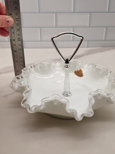 Vintage Fenton Silver Crest Milk Glass Ruffled Bon Bon Bowl With Handle - Picture 18 of 19