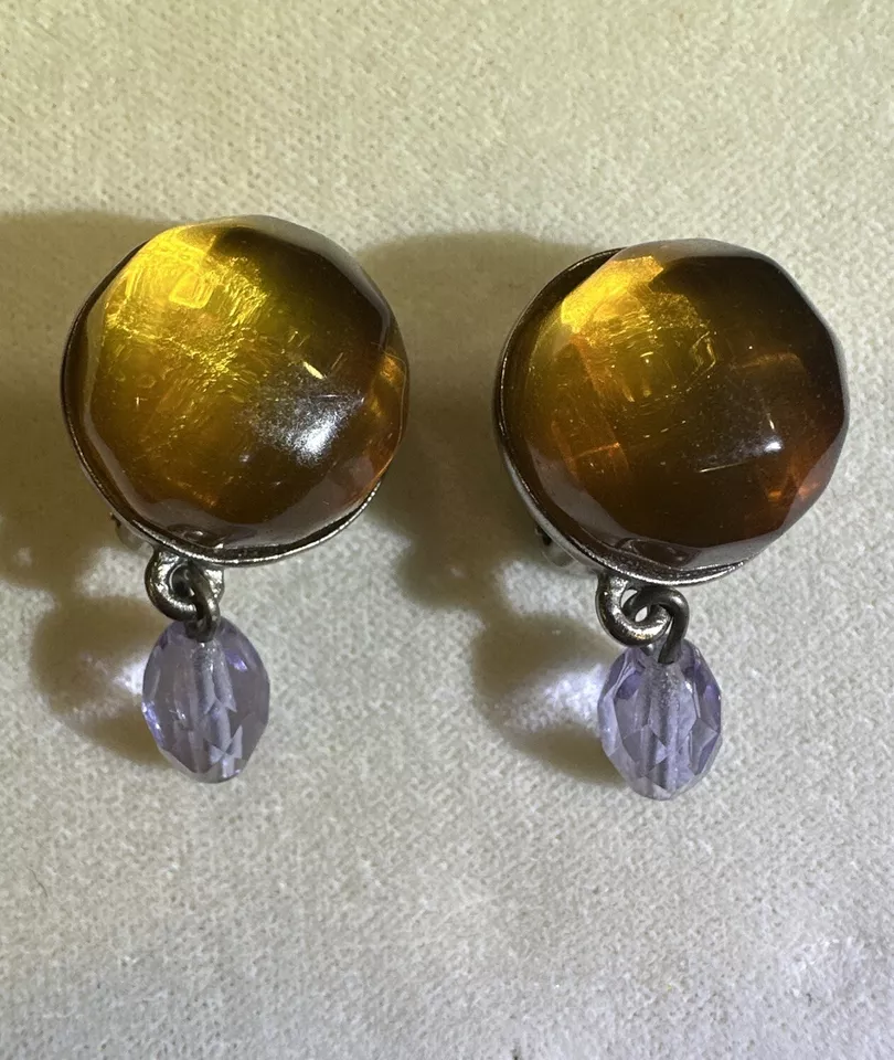 Серьги-клипсы Givenchy 1980-е янтарное и лавандовое стекло серебристые с подписью РЕДКИЕ - Изображение 2 из 4