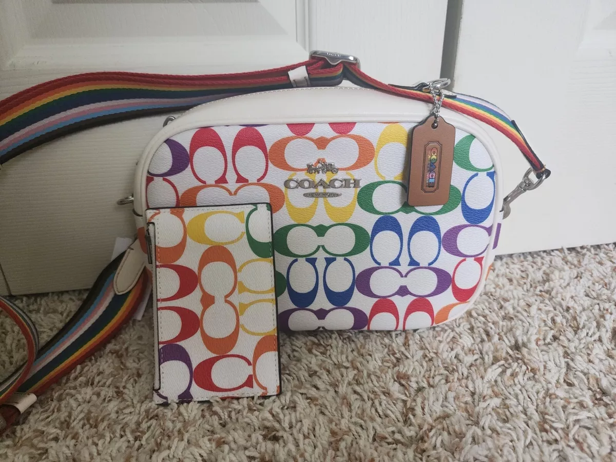 Coach Isla Signature Denim Crossbody with Rainbow Strap