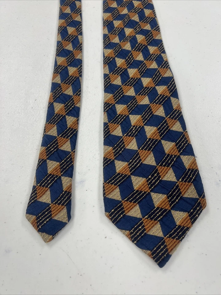 Gravata masculina de seda geométrica azul e bege Ermenegildo Zegna $295 - Imagem 4 de 4