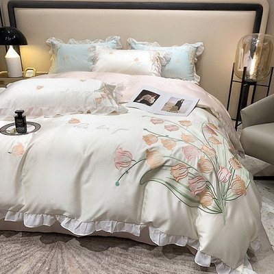 Smooth Ice Silk Lace Ruffle Princess Bedding Set Flower Embroidery Set Bed Linen