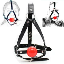 PU Leather Head Harness Open Mouth Gags Restraint Red Silicone Ball Game Couples