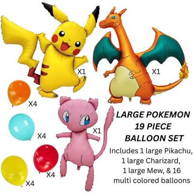 Pokemon Balloon Party 19 Piece Set  Includes Large Charizard, Pikachu, & Mew