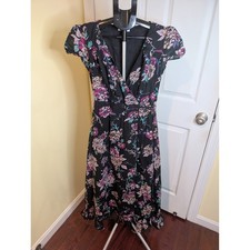 Patrons of Peace Floral Midi Wrap Dress Black Boho High Low Hem Ruffle  - Size S