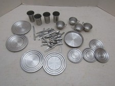 VINTAGE LOT ALUMINUM KITCHEN DISH DOLL CHILD PLAYSET PLATES CUP FORK KNIFE SPOON
