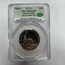 1986-S 50C Statue of Liberty CAC PR66DCAM Obverse Strike Thru Half Dollar- Error
