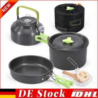 2-3 Person Camping Kochgeschirr Set Kochset Outdoor Töpfe Bratpfanne Kettle Kit