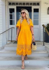 RHODE Claude Heart Eyelet Cotton Dress Mango Yellow Puff Sleeve Size S Excellent