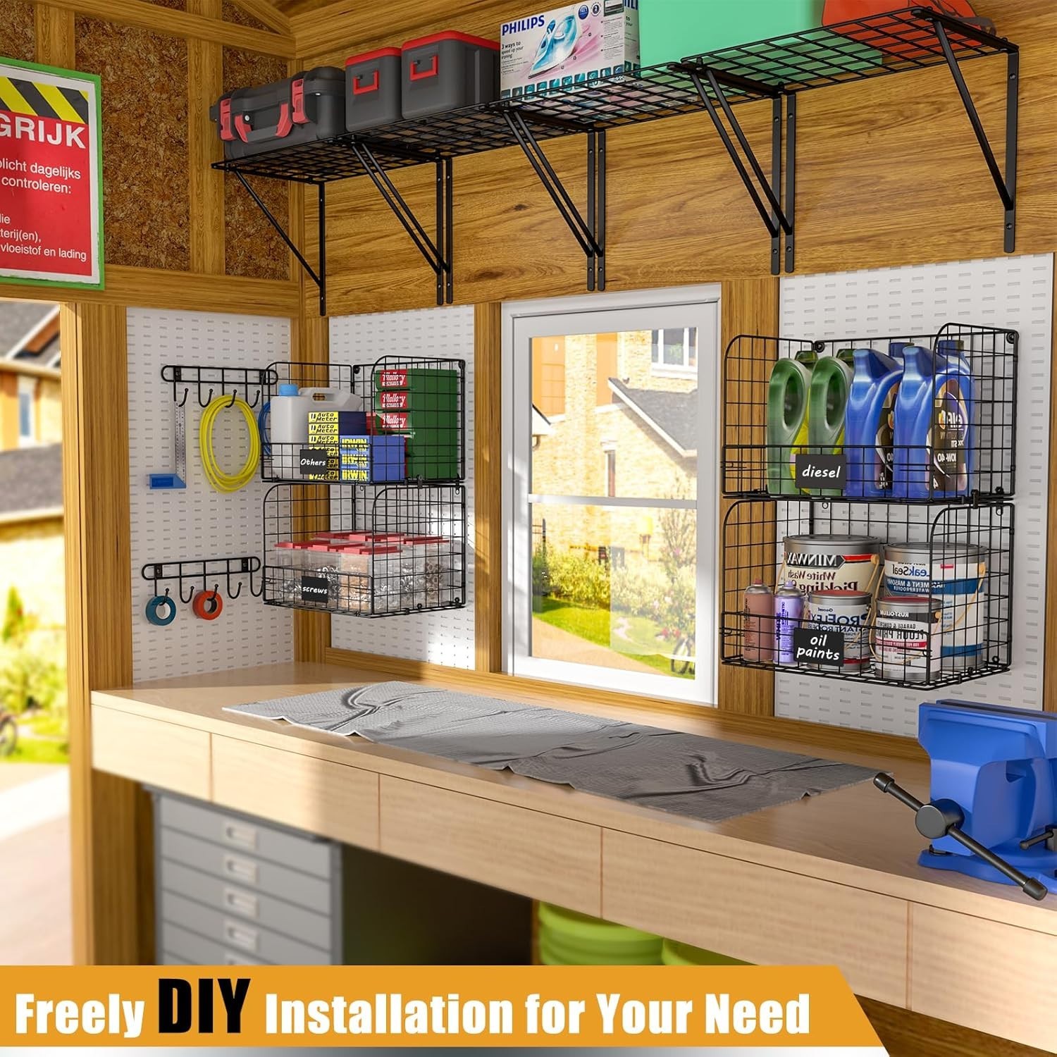 2 Pack Garage Shelves Wall Mounted with Wire baskets, Heavy Duty Garage Wall ...