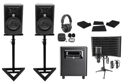 2 JBL 306P MkII 6'' Active Studio Monitors+Stands+Subwoofer+Headphones+Mic+Shield