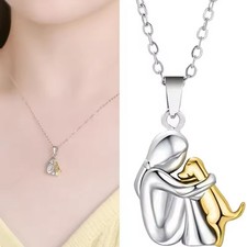 Hug Pendant Necklace Pet Dog Lover Family Fashion Girl Golden Silvery Friendship