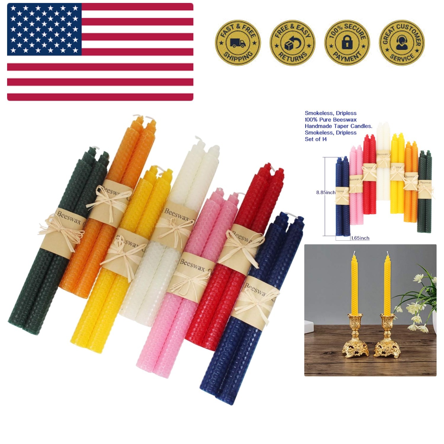 Multi-Color Beeswax Taper Candles, Set of 14, 9-Inch - Perfe