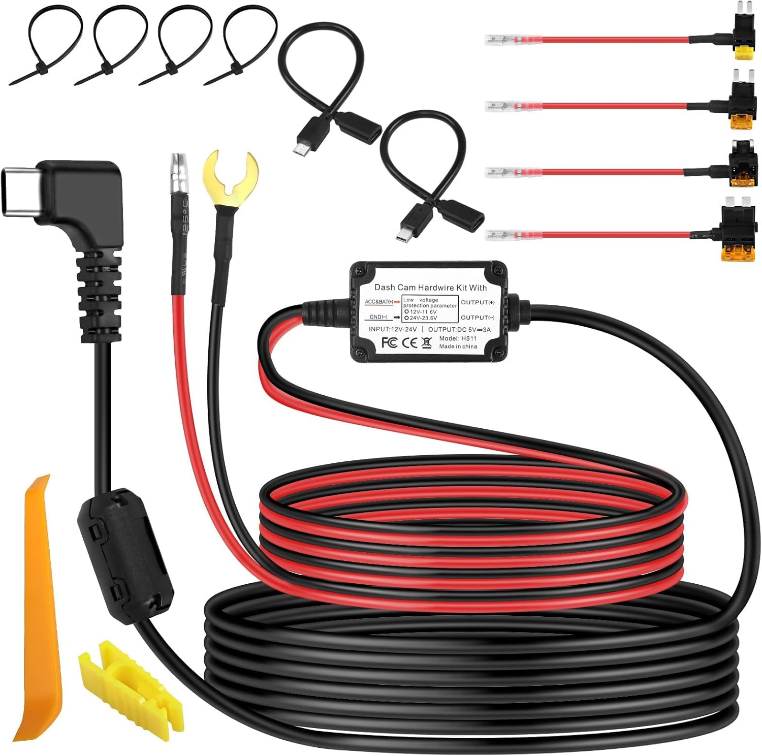 Dash Cam Hardwire Kit USB Type-C Adapter Micro Usb/Mini USB Hardwire Kit Car Das