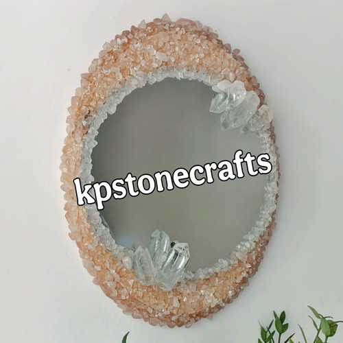 Rose Quartz & Clear Quartz Oval Wall Mirror – 16"x20" | Handmade Gemstone Inlay
