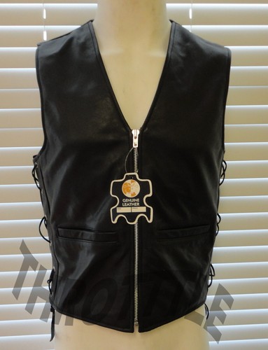 Men's Premium Natural Leather Motorcycle Biker Vest Zipper Side Laces Vests