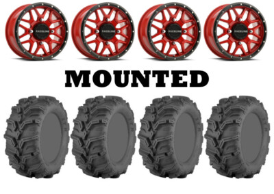 Kit 4 ITP Mud Lite XTR Tires 27x9-14 on Raceline Krank Red Wheels IRS