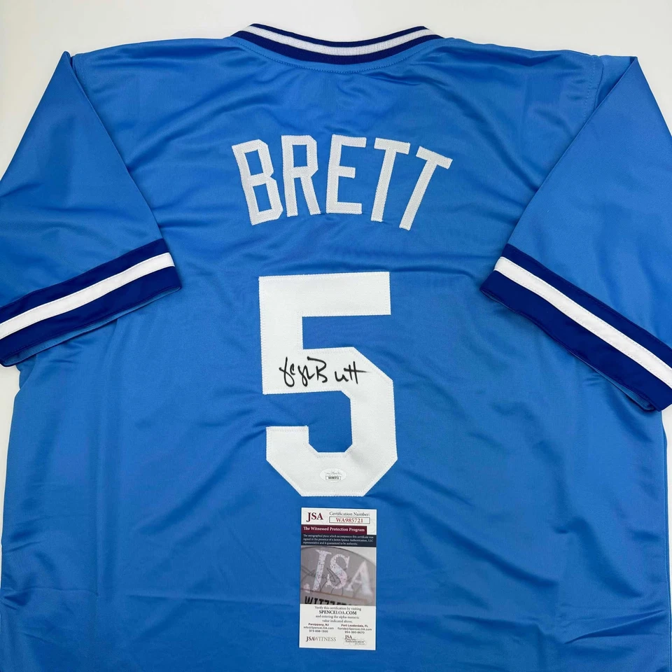 Camiseta de béisbol azul autografiada/firmada de George Brett Kansas City certificado de autenticidad JSA Foto 2 de 4
