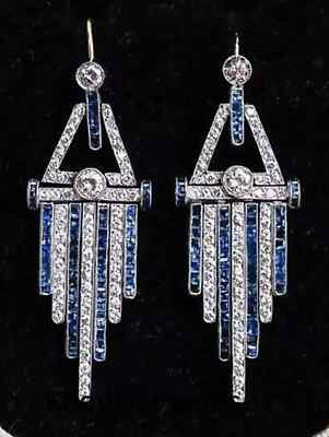 Art Deco Style Lab Created Diamond & Sapphire Dangle Earrings 14k White Gold FN