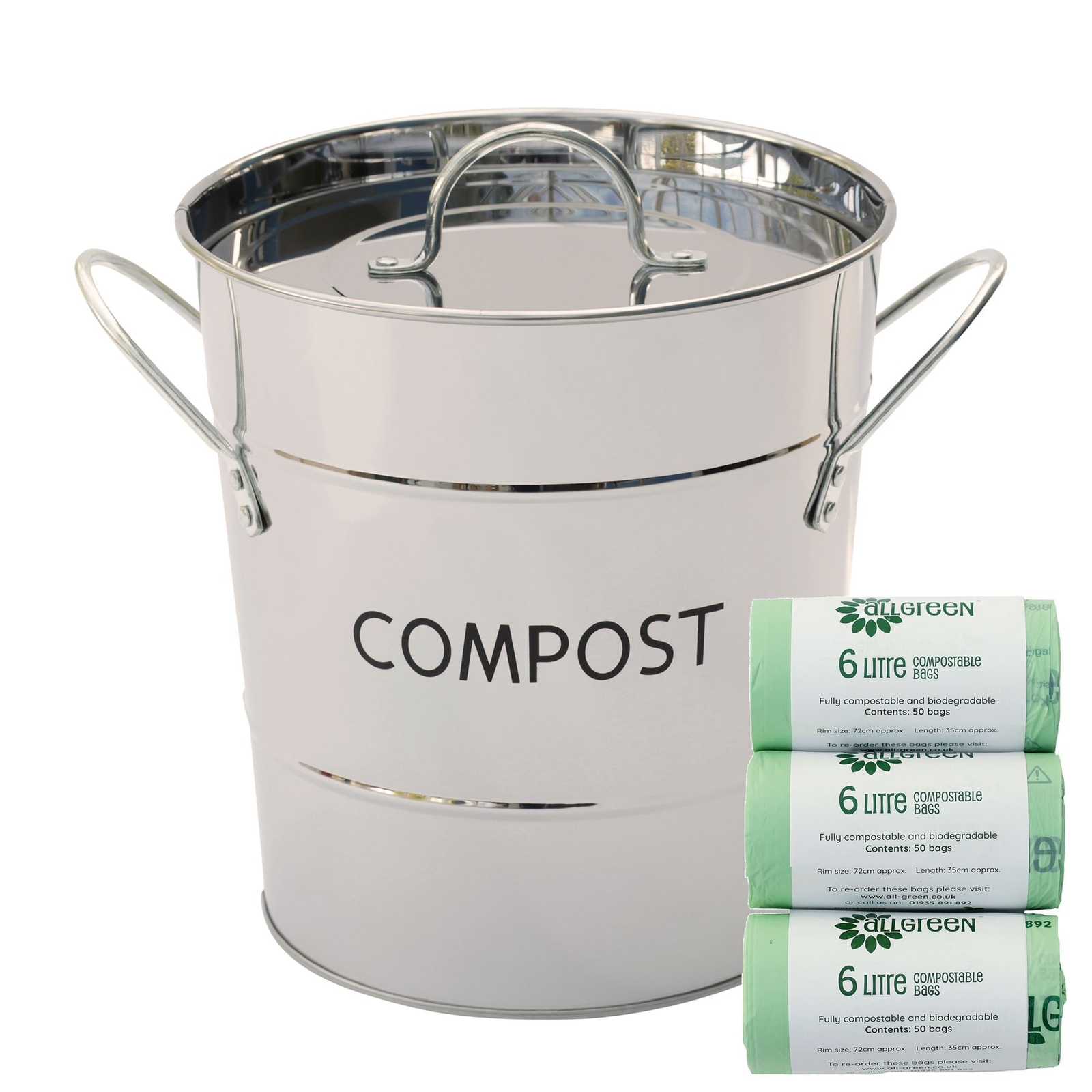 Eddingtons Stainless Steel Compost Pail/Caddy &150x6L Compostable Bags