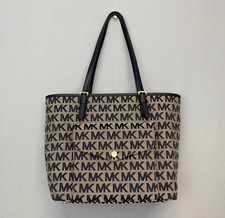 MICHAEL KORS Jet Set MK Signature Beige Jackard Snap Pocket Large Tote Bag-Purse