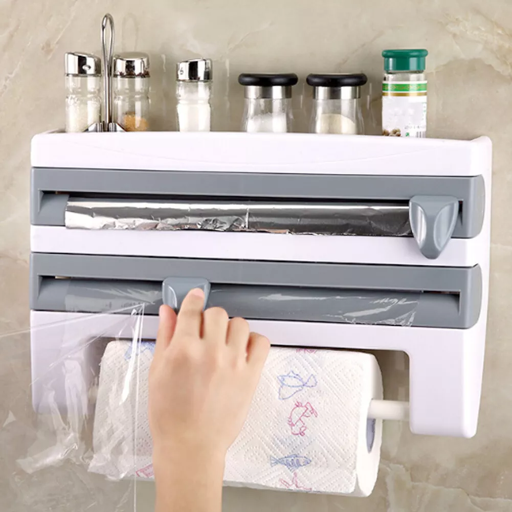 Kitchen Roll Dispenser Cling Film Tin Foil Wall Mounted Towel Holder Rack  Grey