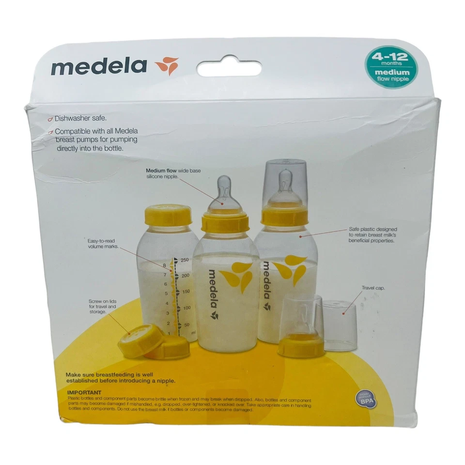 Juego de biberones de leche materna Medela 3 biberones de 8 oz 3 pezones, 3 collares sellados de fábrica Foto 2 de 4