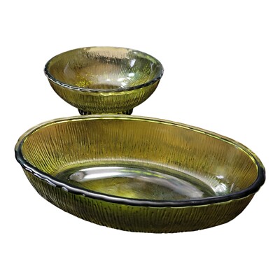 Vintage 1975 F.T.D. Indiana Green Pressed Glass Bark Pattern Bowl Candy Dishes 2