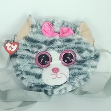 TY Beanie Boos Kiki Grey Cat Plush Crossbody Bag Coin Purse Pink Glitter Eyes