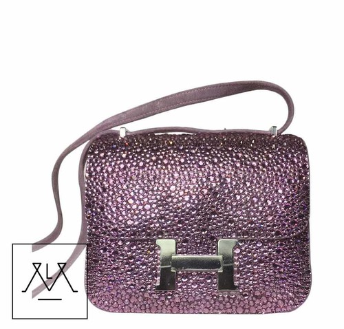 Hermes Mini Constance Bag Swarovski Crystals Design Lilac Suede - 100% Authentic