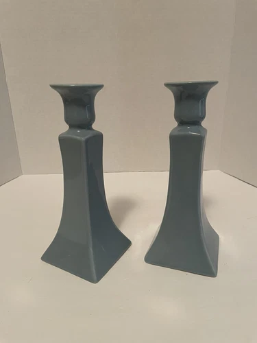 ROYAL HAEGER POTTERY 1990’S 2PC BABY BLUE CERAMIC CANDLESTICK HOLDER SET 8.5”