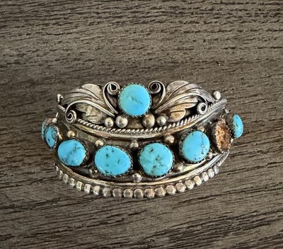 Vintage Navajo Jameson Lee Sterling Silver Turquoise Cuff Bracelet 40g AS IS