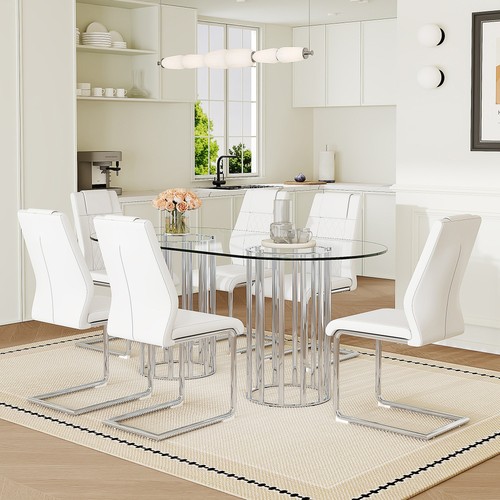 71 Inch Oval Tempered Glass Dining Table Set with 6 PU Chairs Silver ...