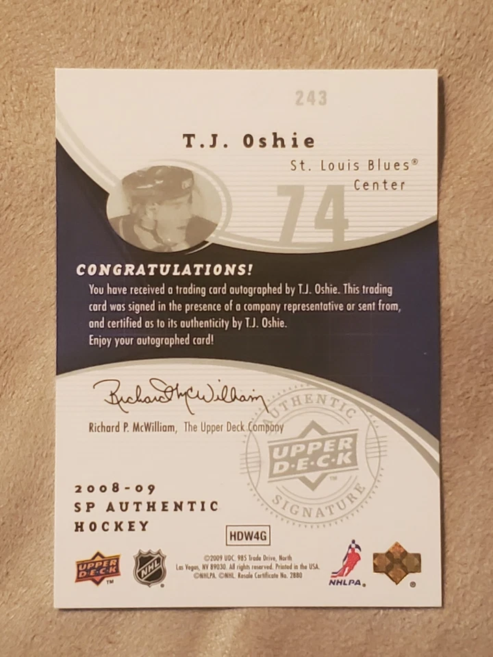 TJ OSHIE 2008-09 SP Authentic Future Watch Auto /999 #243 Rookie Auto RC - Image 2 of 3