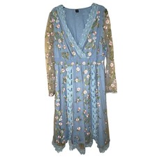 SHEIN Light Blue Embroidered Lace Floral V Neck Sheer Sleeve Dress Size 3X
