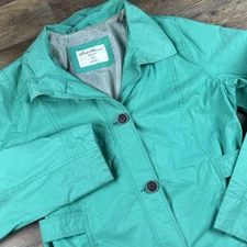 Eddie Bauer Trench Coat Jacket Womens Green Petite Size M Belted Mid Length