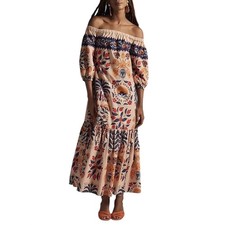 Farm Rio for Anthropologie Floral Tropical Puff Sleeve Midi Dress Orange BOHO S