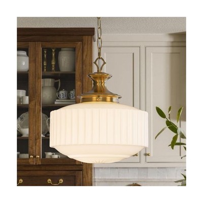 Vintage Brass Milk Glass Pendant Light Fixture, 13.8'' White Pleated Glass Cha...