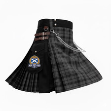 Men's Gothic Black Hybrid Utility Kilt Tartan Front Apron 50+Clan Tartans28"-60"
