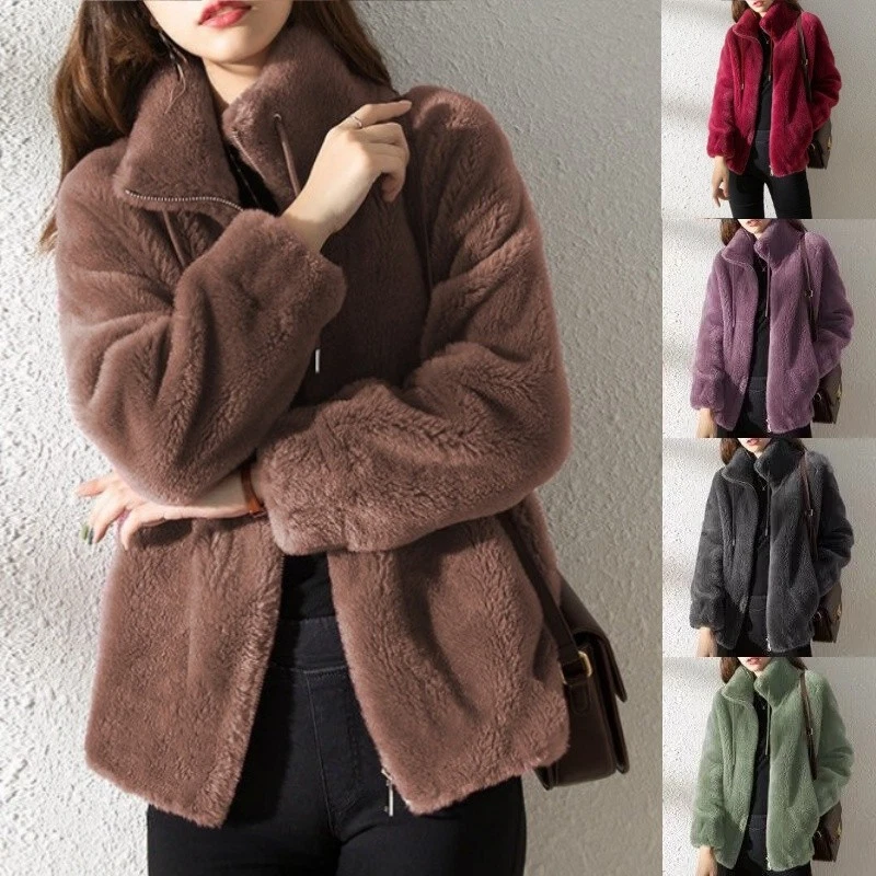 Womens Fleece Fluffy Stand-up Collar Coat Ladies Plain Zip Up Pocket Jacket Tops
