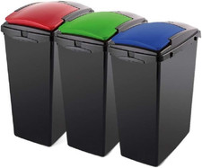 Image of Set of 3 Color-Coded 40L Recycling Bins with Interlocking Clips - Blue, Red, Gre