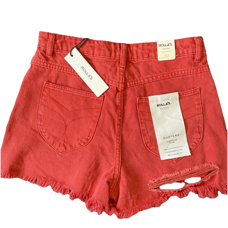 Pantalones Cortos Free People ROLLAS Tiro Alto Corte Denim Rojo/Naranja Plumeros Mujer’s 28 Foto 3 de 4