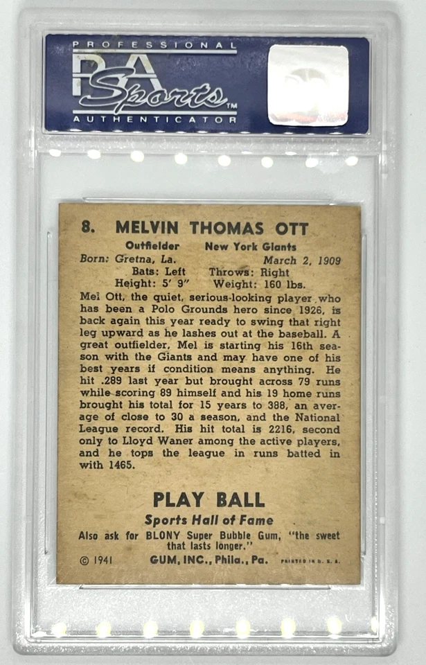 1941 Play Ball #8 Mel Ott – NY Giants HOF – PSA 7 (OC) – Vintage Prewar Baseball - Image 2 of 2